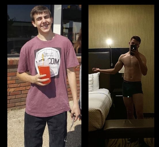 A before and after photo of a 5'11" male showing a weight gain from 125 pounds to 160 pounds. A total gain of 35 pounds.