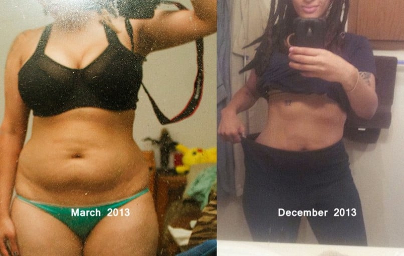 A photo of a 5'4" woman showing a weight cut from 165 pounds to 132 pounds. A net loss of 33 pounds.
