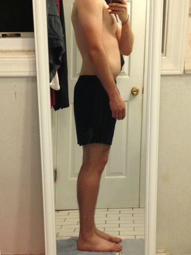 A before and after photo of a 5'8" male showing a snapshot of 168 pounds at a height of 5'8