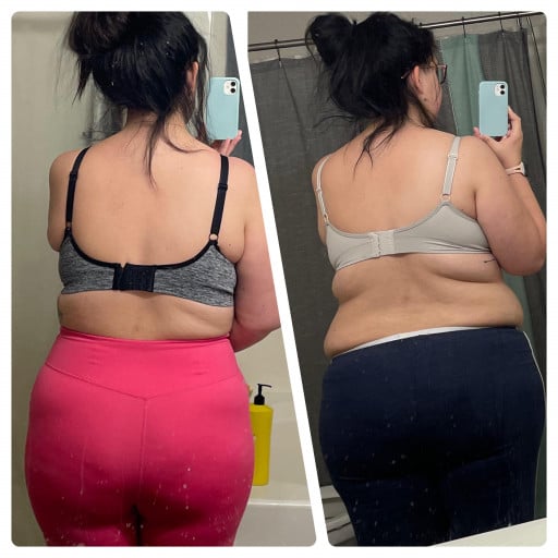 A progress pic of a 5'9" woman showing a fat loss from 255 pounds to 235 pounds. A total loss of 20 pounds.