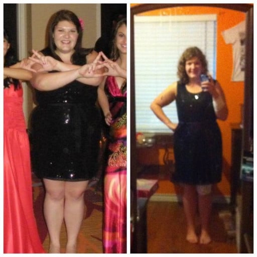 A progress pic of a 5'8" woman showing a fat loss from 242 pounds to 190 pounds. A total loss of 52 pounds.
