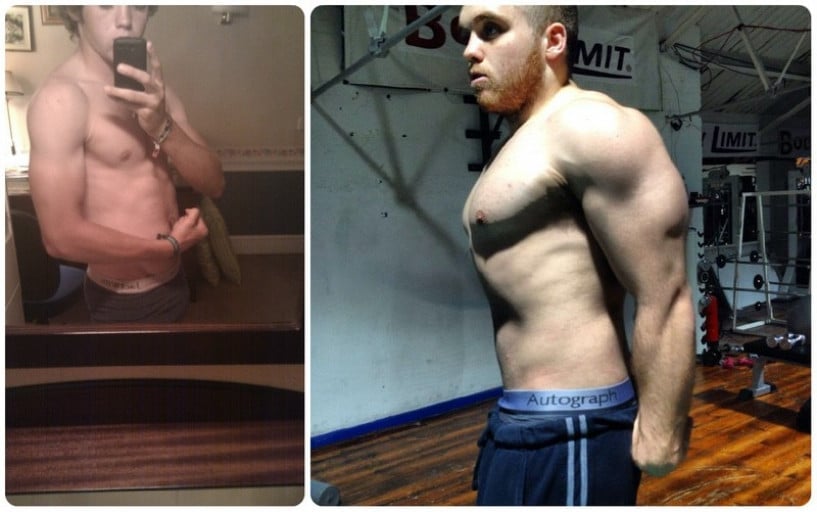 A photo of a 5'0" man showing a muscle gain from 144 pounds to 212 pounds. A total gain of 68 pounds.