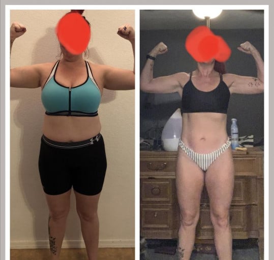 A progress pic of a 5'3" woman showing a fat loss from 165 pounds to 136 pounds. A total loss of 29 pounds.