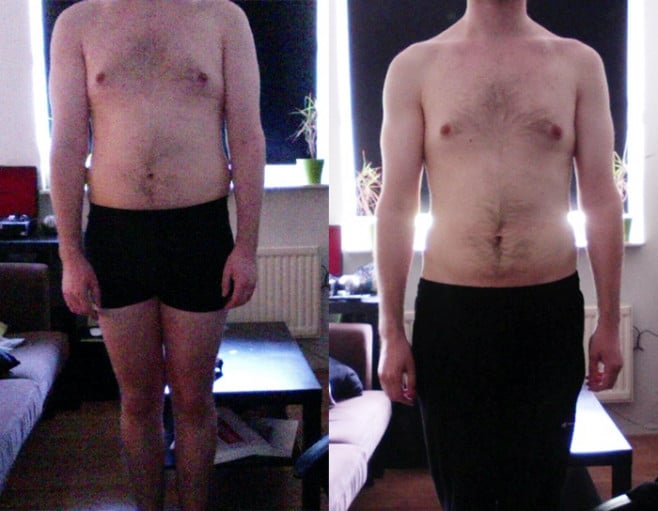 A before and after photo of a 6'1" male showing a weight reduction from 198 pounds to 174 pounds. A net loss of 24 pounds.