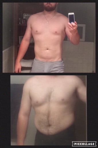 A photo of a 6'0" man showing a weight cut from 252 pounds to 222 pounds. A net loss of 30 pounds.