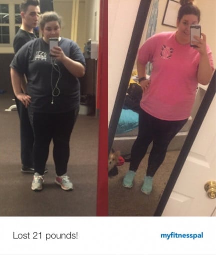 A before and after photo of a 5'4" female showing a weight reduction from 291 pounds to 270 pounds. A total loss of 21 pounds.
