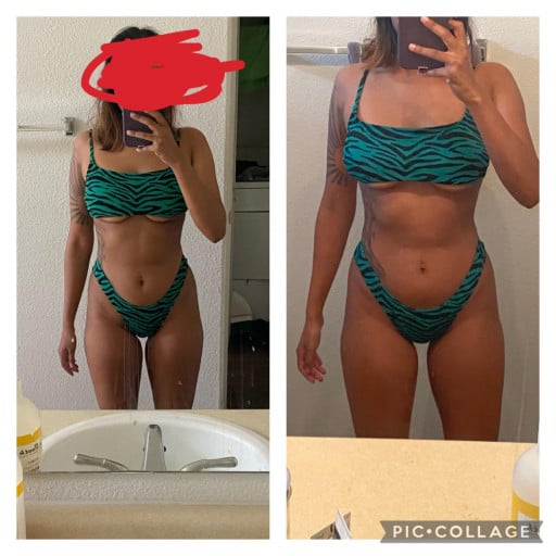 A progress pic of a 5'2" woman showing a fat loss from 128 pounds to 111 pounds. A total loss of 17 pounds.
