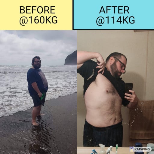 A progress pic of a 5'7" man showing a fat loss from 353 pounds to 251 pounds. A net loss of 102 pounds.