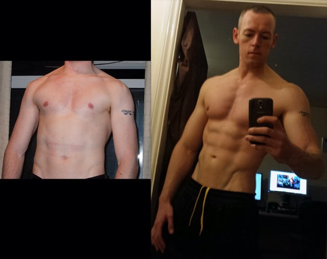 A progress pic of a 6'2" man showing a fat loss from 215 pounds to 180 pounds. A total loss of 35 pounds.