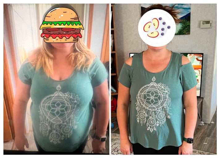 A before and after photo of a 5'4" female showing a weight reduction from 260 pounds to 180 pounds. A respectable loss of 80 pounds.