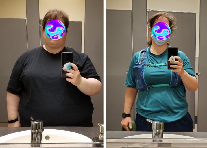 A picture of a 5'2" female showing a weight loss from 310 pounds to 170 pounds. A total loss of 140 pounds.