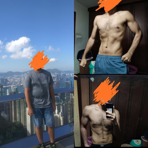 A progress pic of a 5'9" man showing a fat loss from 220 pounds to 163 pounds. A total loss of 57 pounds.