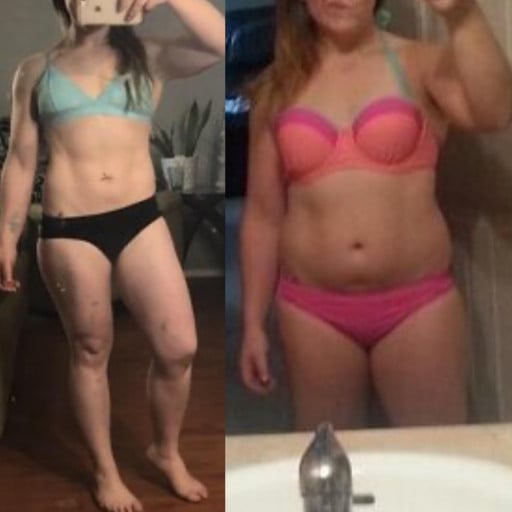 A photo of a 4'9" woman showing a weight cut from 138 pounds to 128 pounds. A total loss of 10 pounds.