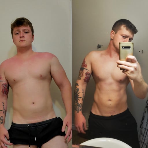 A progress pic of a 5'11" man showing a fat loss from 196 pounds to 165 pounds. A respectable loss of 31 pounds.