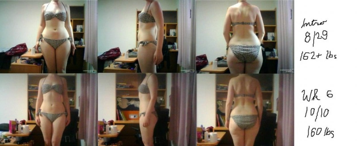 A progress pic of a 5'9" woman showing a snapshot of 160 pounds at a height of 5'9