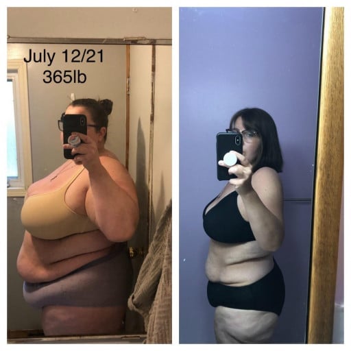 A progress pic of a 5'5" woman showing a fat loss from 371 pounds to 22 pounds. A net loss of 349 pounds.