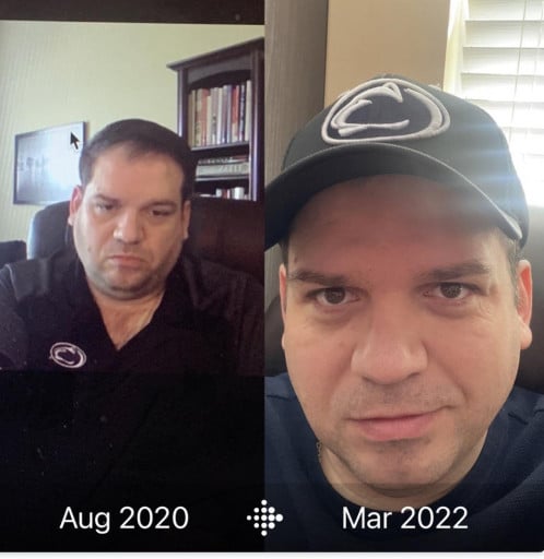 M/40/6’2 [305>262 = 43lbs] I have lost over 40 lbs since January. I am halfway to my goal. Keto and weightlifting/cardio 2-3x per week. Before picture was taken in 2020, but I was as the same weight as when I started in January.