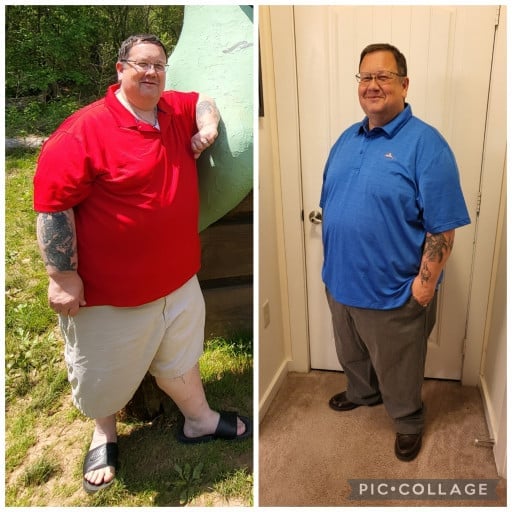 A before and after photo of a 5'5" male showing a weight reduction from 350 pounds to 314 pounds. A net loss of 36 pounds.