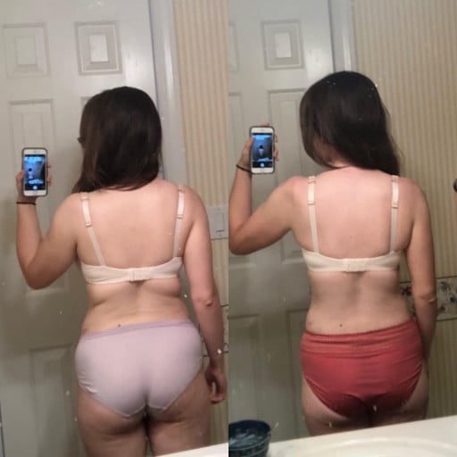 A before and after photo of a 5'4" female showing a weight reduction from 145 pounds to 137 pounds. A net loss of 8 pounds.