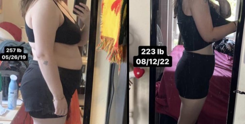 A picture of a 5'11" female showing a weight loss from 267 pounds to 223 pounds. A net loss of 44 pounds.
