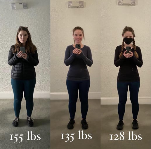 A picture of a 5'2" female showing a weight loss from 155 pounds to 128 pounds. A net loss of 27 pounds.