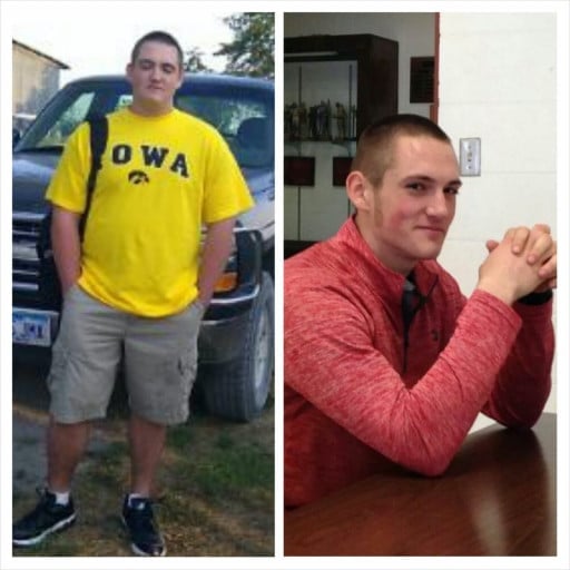 A picture of a 5'0" male showing a weight loss from 250 pounds to 195 pounds. A net loss of 55 pounds.