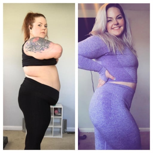 A picture of a 5'3" female showing a weight loss from 285 pounds to 180 pounds. A net loss of 105 pounds.