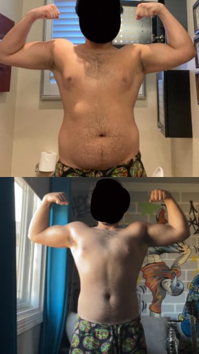 A progress pic of a 6'0" man showing a fat loss from 230 pounds to 223 pounds. A net loss of 7 pounds.
