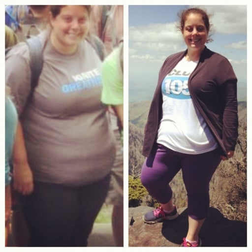 A before and after photo of a 5'5" female showing a weight cut from 287 pounds to 210 pounds. A net loss of 77 pounds.