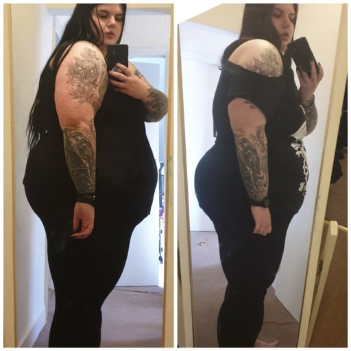 A picture of a 5'10" female showing a weight loss from 355 pounds to 319 pounds. A total loss of 36 pounds.