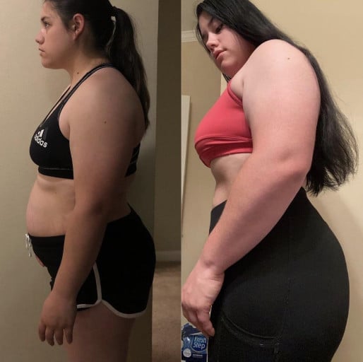 A photo of a 5'4" woman showing a weight cut from 190 pounds to 160 pounds. A net loss of 30 pounds.
