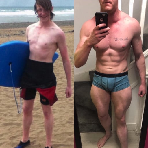 A progress pic of a 6'2" man showing a weight bulk from 145 pounds to 210 pounds. A respectable gain of 65 pounds.