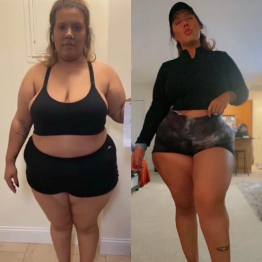 A progress pic of a 5'6" woman showing a fat loss from 215 pounds to 175 pounds. A respectable loss of 40 pounds.