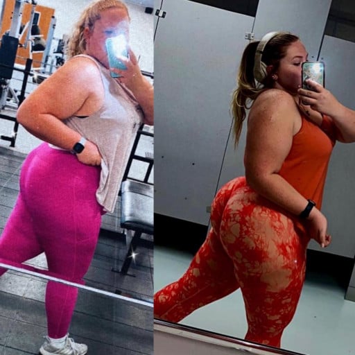 A before and after photo of a 5'9" female showing a weight reduction from 285 pounds to 235 pounds. A net loss of 50 pounds.