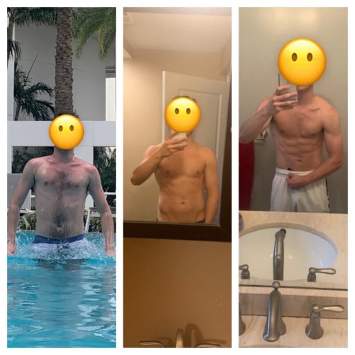 A progress pic of a 5'10" man showing a fat loss from 170 pounds to 158 pounds. A net loss of 12 pounds.
