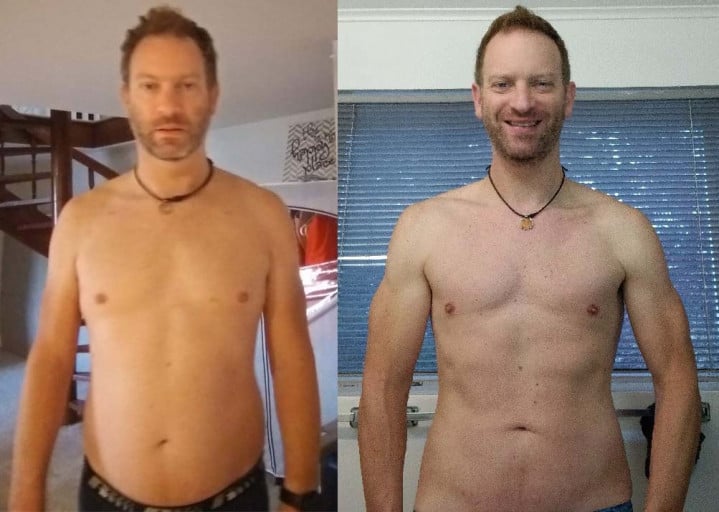 A before and after photo of a 5'11" male showing a weight reduction from 194 pounds to 171 pounds. A respectable loss of 23 pounds.