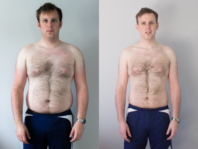 A photo of a 5'11" man showing a weight loss from 217 pounds to 178 pounds. A total loss of 39 pounds.