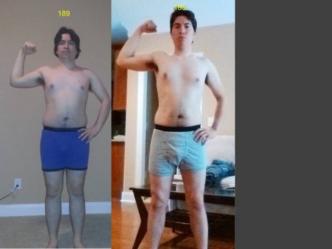 A photo of a 5'8" man showing a weight reduction from 189 pounds to 165 pounds. A net loss of 24 pounds.