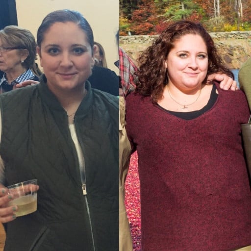 A before and after photo of a 5'2" female showing a weight reduction from 255 pounds to 220 pounds. A net loss of 35 pounds.