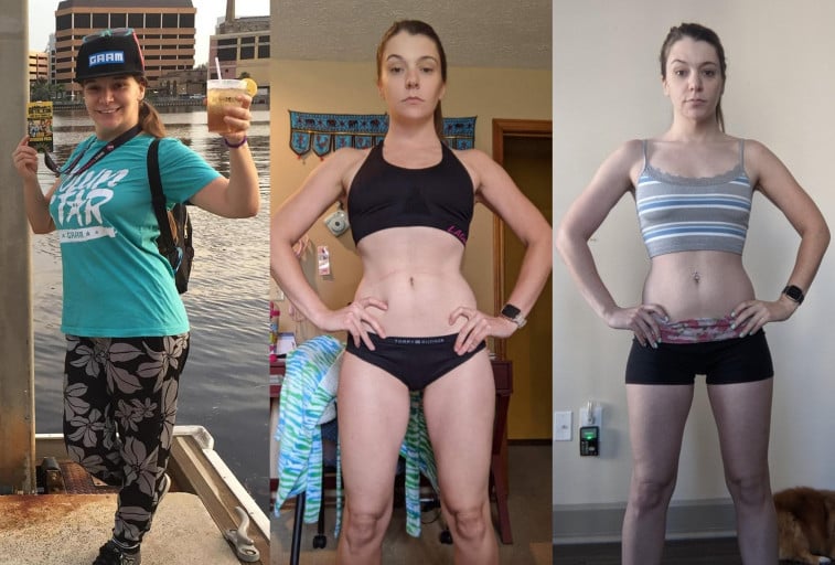 A progress pic of a 5'4" woman showing a fat loss from 152 pounds to 122 pounds. A total loss of 30 pounds.