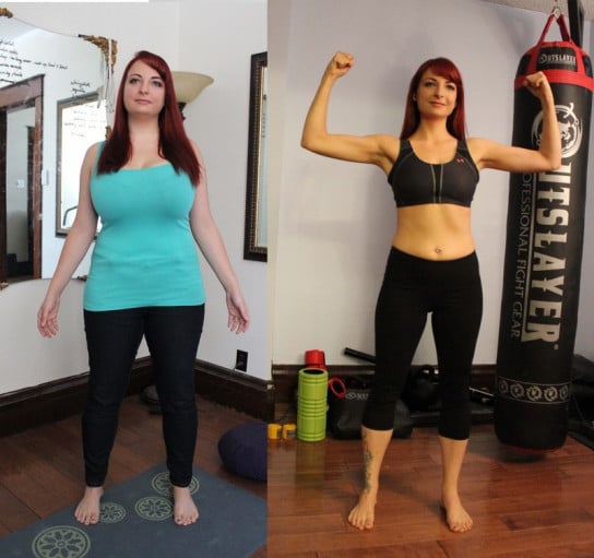 A picture of a 5'4" female showing a weight cut from 166 pounds to 120 pounds. A net loss of 46 pounds.