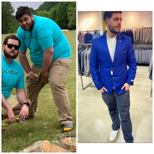 A before and after photo of a 5'10" male showing a weight reduction from 325 pounds to 198 pounds. A respectable loss of 127 pounds.