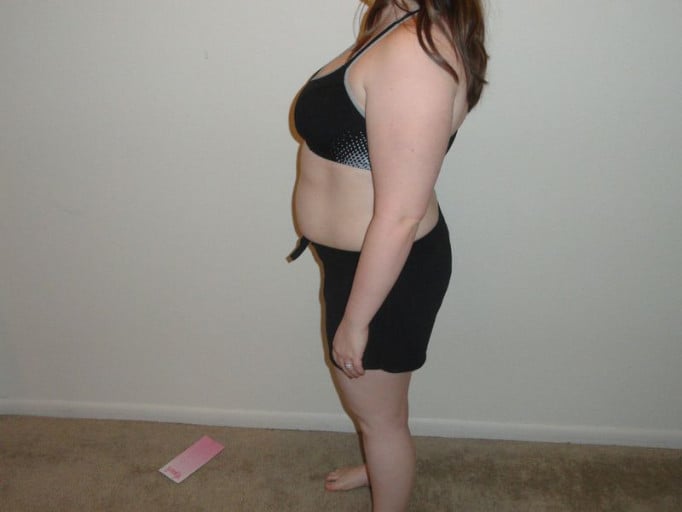 A before and after photo of a 5'1" female showing a snapshot of 168 pounds at a height of 5'1