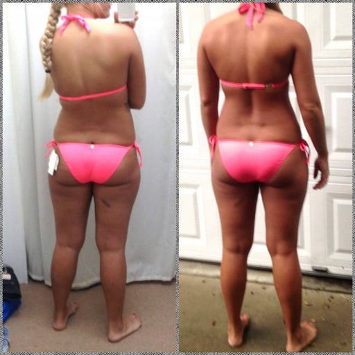 A progress pic of a 5'4" woman showing a weight reduction from 147 pounds to 135 pounds. A total loss of 12 pounds.
