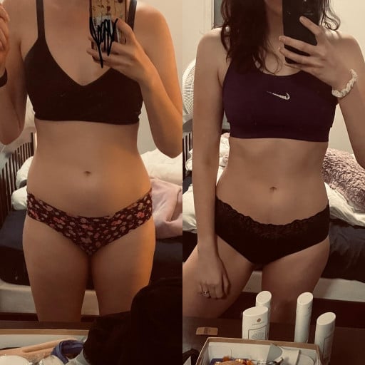 A before and after photo of a 5'10" female showing a weight reduction from 145 pounds to 142 pounds. A total loss of 3 pounds.