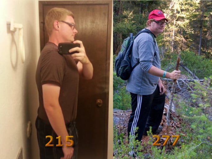 A picture of a 6'0" male showing a weight loss from 277 pounds to 215 pounds. A total loss of 62 pounds.