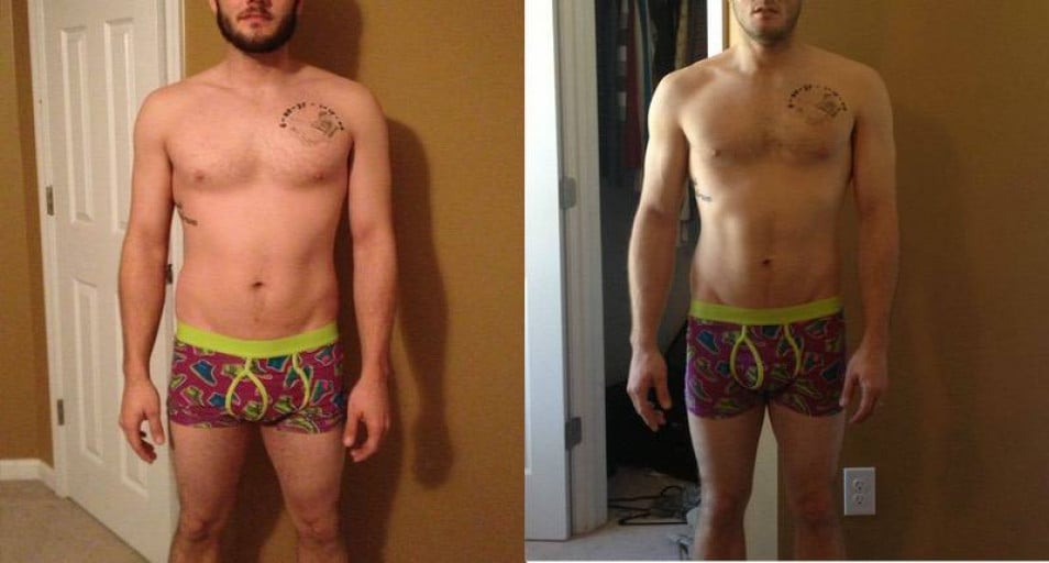 A photo of a 5'10" man showing a fat loss from 176 pounds to 168 pounds. A total loss of 8 pounds.