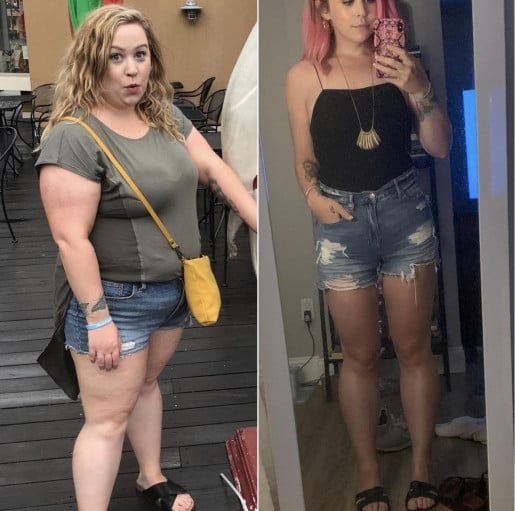 A photo of a 5'3" woman showing a weight cut from 250 pounds to 150 pounds. A respectable loss of 100 pounds.