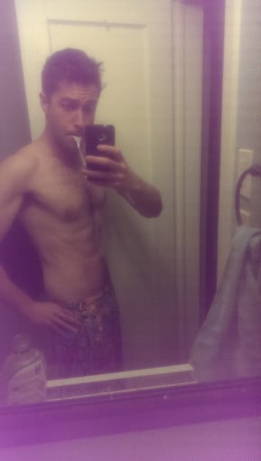 A photo of a 6'0" man showing a weight bulk from 155 pounds to 185 pounds. A total gain of 30 pounds.