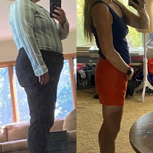A photo of a 5'1" woman showing a weight cut from 177 pounds to 107 pounds. A net loss of 70 pounds.